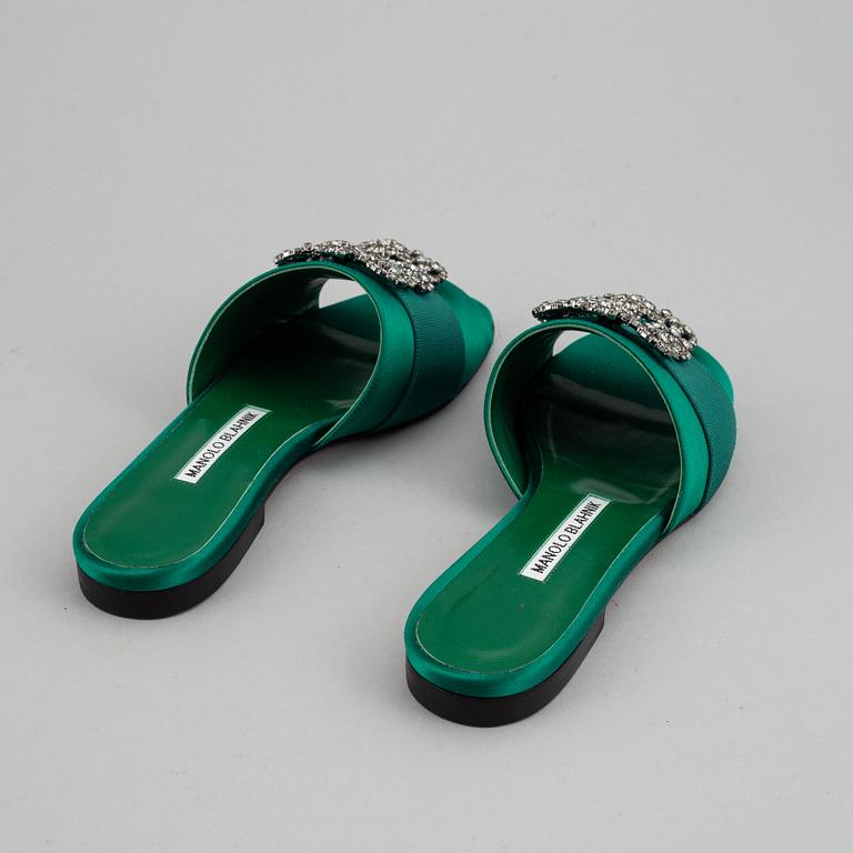 Manolo Blahnik, a pair of green satin sandals, size 38.