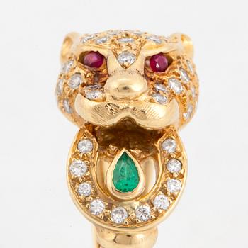 18K gold brilliant-cut diamond, ruby and emerald tiger ring.