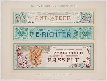 Three volumes of plates."Neue Schriften und Firmenschilder", "Der Praktische Schildmaler" och "Der Praktische Decoration.