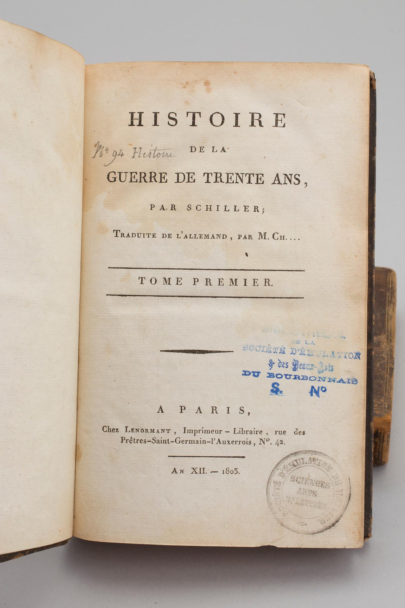 BOOKS: Fables de la Fontaine, 2 volS, 1818.  Histoire de la Guerre de Trente Ans, 2 volS, 1803.