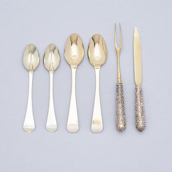 A possibly German 17/18th century parcel-gilt silver and filigree six-piece travel cutlery, unmarked, and leather case.