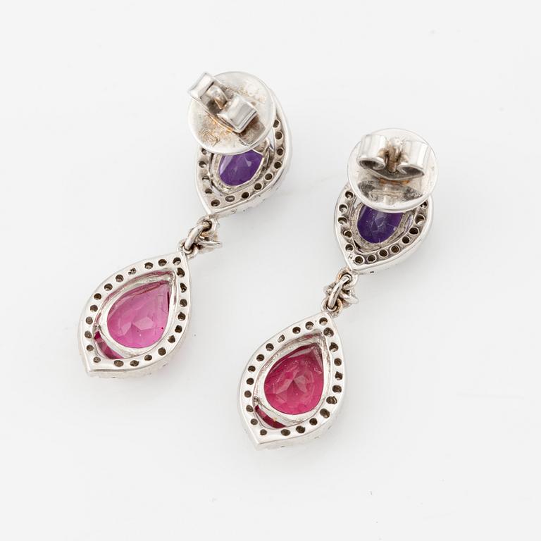 Earrings, 18K white gold with amethysts, pink tourmalines, and brilliant-cut diamonds.