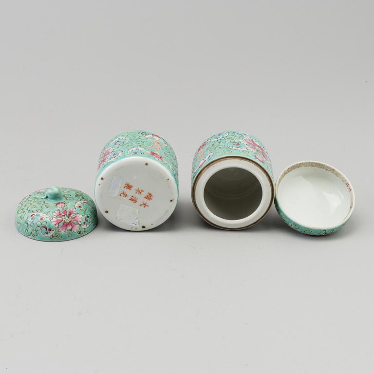 A lot of Chinese turquoise-ground porcelain vases, cups and lidded jars, 20th century.