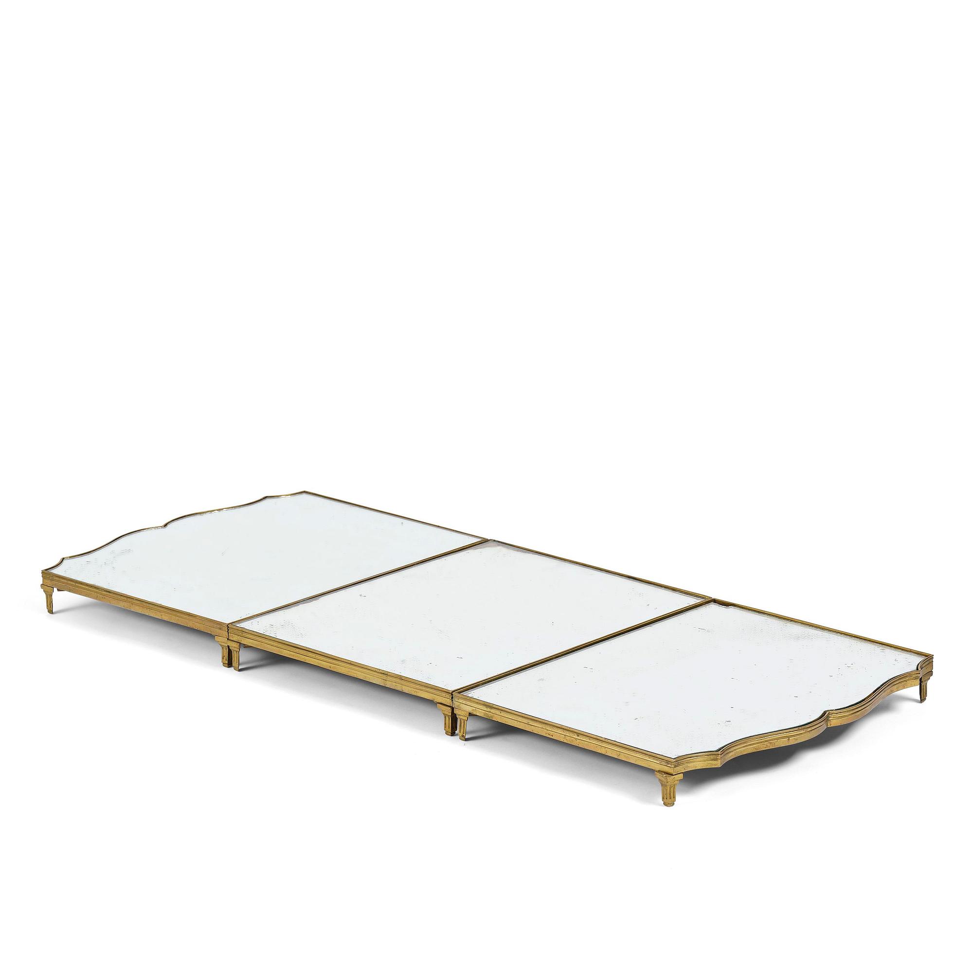 A Gustavian three-piece brass and glass surtout de table, Stockholm, later part 18th century.
