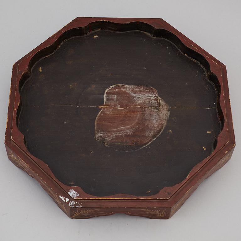 A nine piece enamel on coppar  cabaret in a wooden box, Qing dynasty.