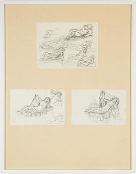 Hilding Linnqvist, pencil drawings, 2 + 3, framed together.