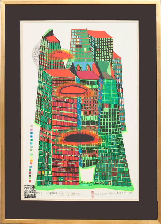 FRIEDENSREICH HUNDERTWASSER, färglitografi med metallpräglning, signerad och numrerad 7255/10000, daterad 1970.