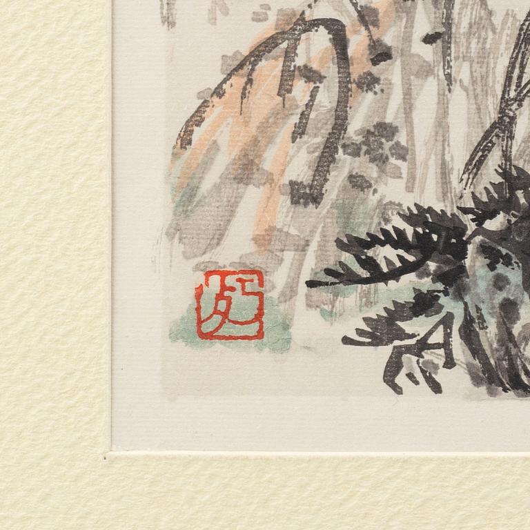 Four Chinese paintings and woodblock prints, ink and color on paper, 20th century.