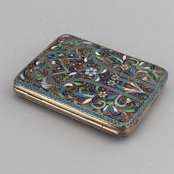 A Russian parcel-gilt silver and cloisonné enamel cigarette-case, Moscow 1908-1917.