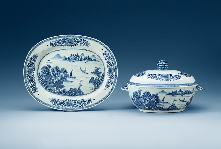 A  blue and white tureen with cover and saucer, Qing dynasty, Qianlong (1736-95).