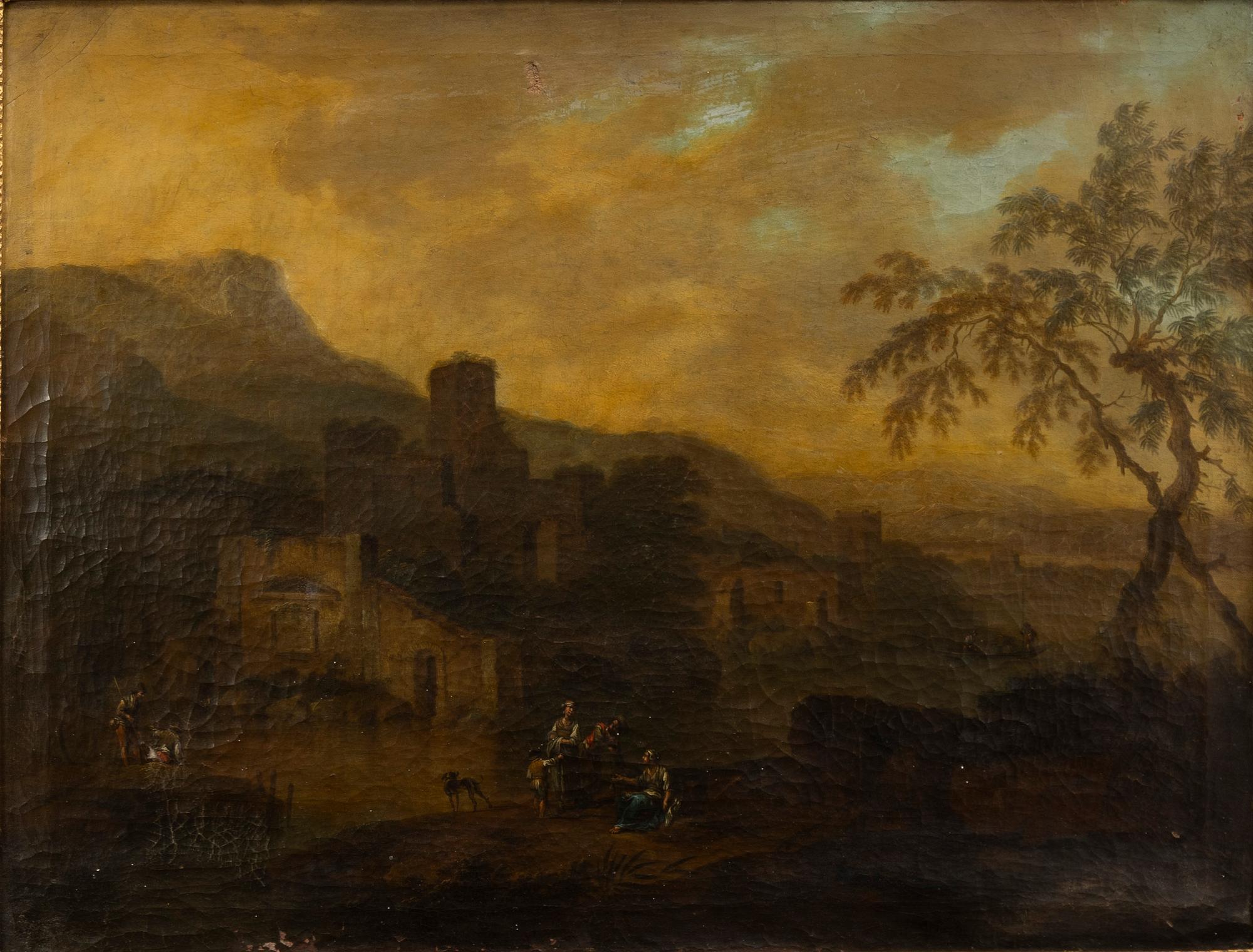 Johan Christian Vollerdt, circle of, Translation: "Flooded landscape with figures by a castle ruin".