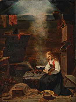676. Carl Julius Lorck, Interiör med läsande ung kvinna.