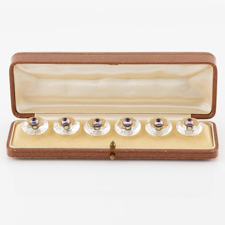 Buttons, 6 pcs, silver with faceted rock crystal and cabochon-cut amethysts.