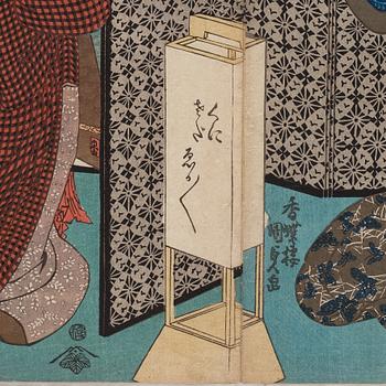 UTAGAWA KUNISADA, även kallad Toyokuni III (1786-1864), triptyk, färgträsnitt. Japan, Eight Views of Edo Figures".