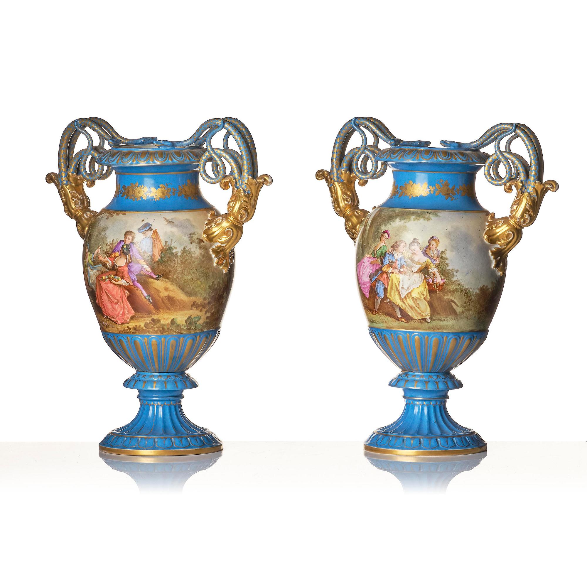 A pair of large porcelain urns, Sèvres like mark, around 1900.