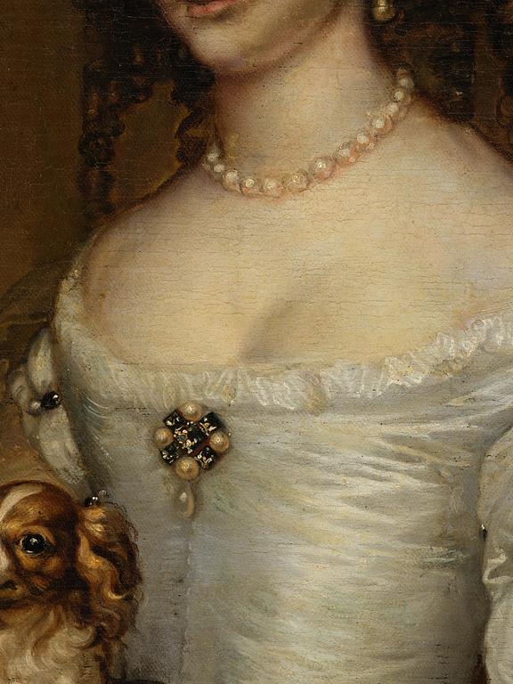 Adriaen Hanneman, Half-length portrait of a woman with a dog (Portret van een dame).