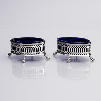 A Swedish pair of 18th century silver and blue glass salt cellars, mark of Pehr Zethelius, Stockholm 1797.