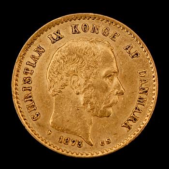 GULDMYNT, 10 kroner, Danmark, 1873. Vikt 4 g.