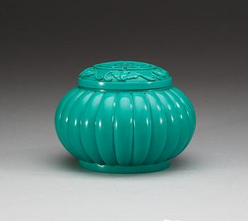 A turkoise coloured Beijing glass suger bowl with cover, Qing dynasty.