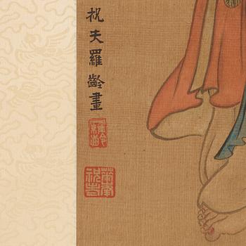 A hanging scroll, ink and colour on silk, Qing dynasty (1644-1912), signed Luo Ling.