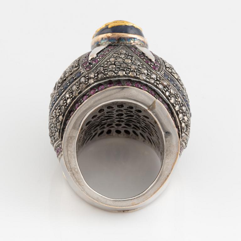 Flat cut diamond, rose cut diamonds, sapphire and ruby ring.
