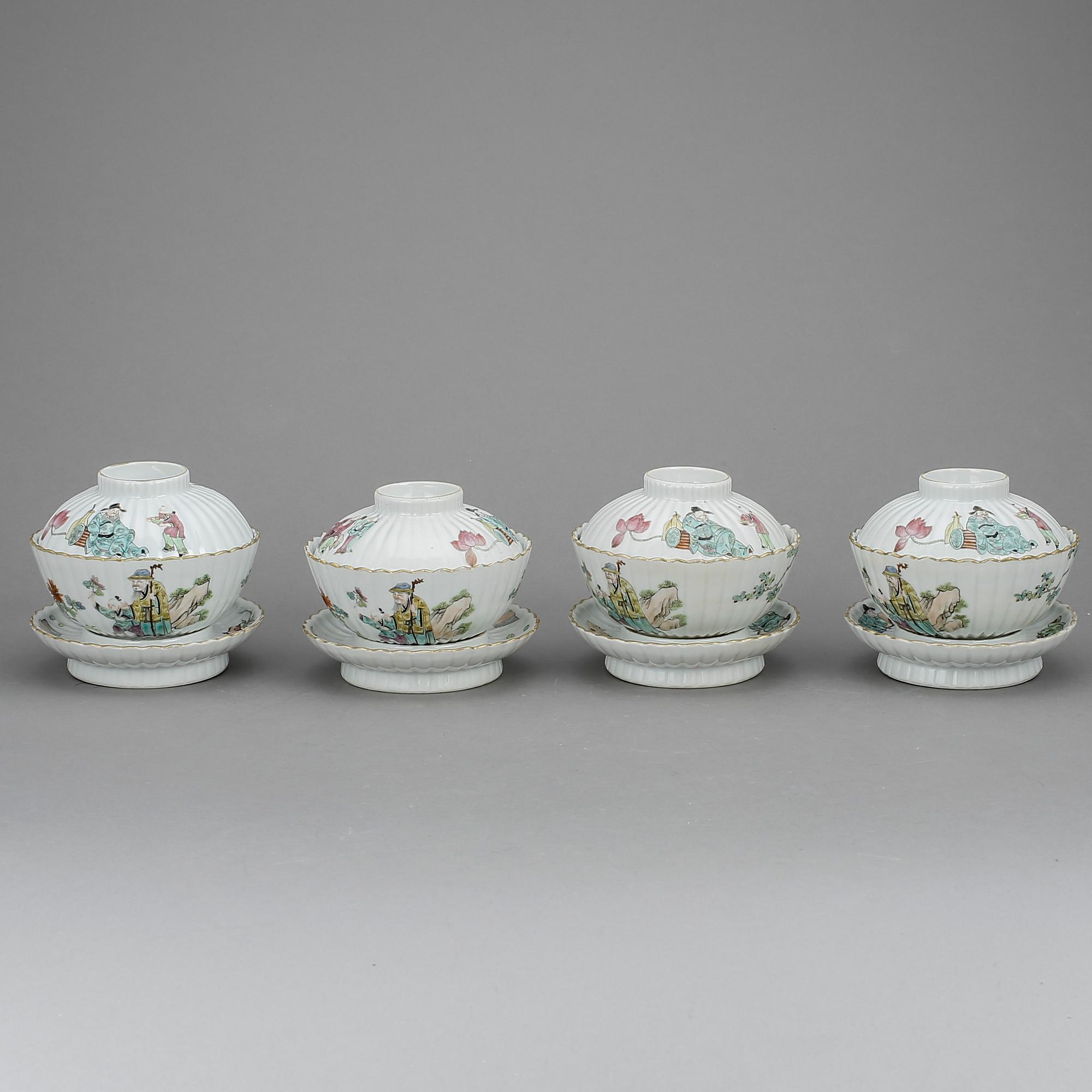 KOPPAR MED LOCK OCH FAT, 4 st, porslin, Kina, 1900-talets början.