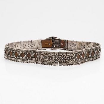 A Caucasian silver and leather belt with niello, early 20th century.