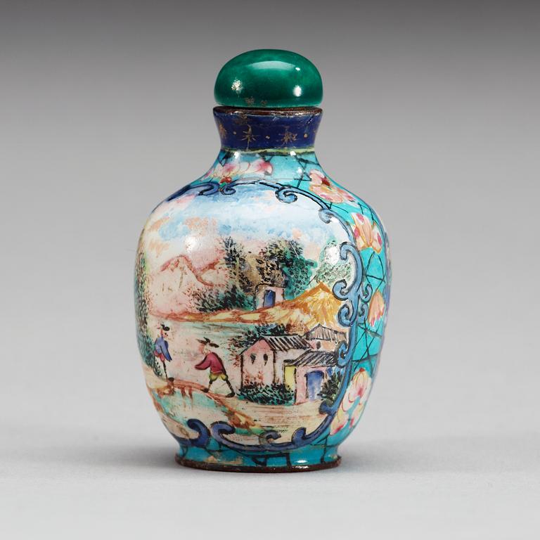 A 'European Subject' enamel on copper snuff bottle, Qing dynasty.