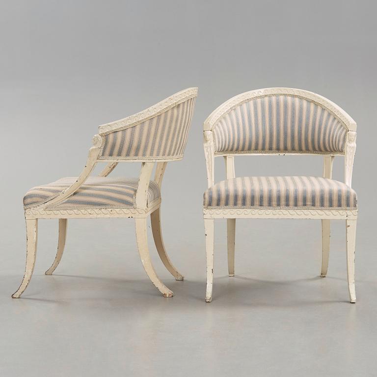 A pair of late Gustavian armchairs in the manner of Ephraim Ståhl, master in Stockholm 1794-1820.