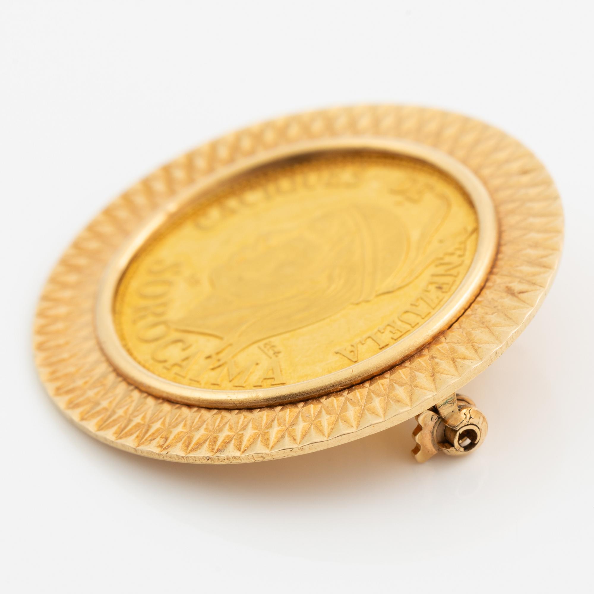 Brosch, 18K guld med guldmynt/medalj Venezuela.