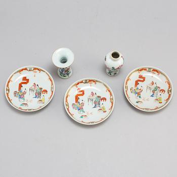 Two famille rose miniature vases, and three dishes, Qing dynasty, 18th century.