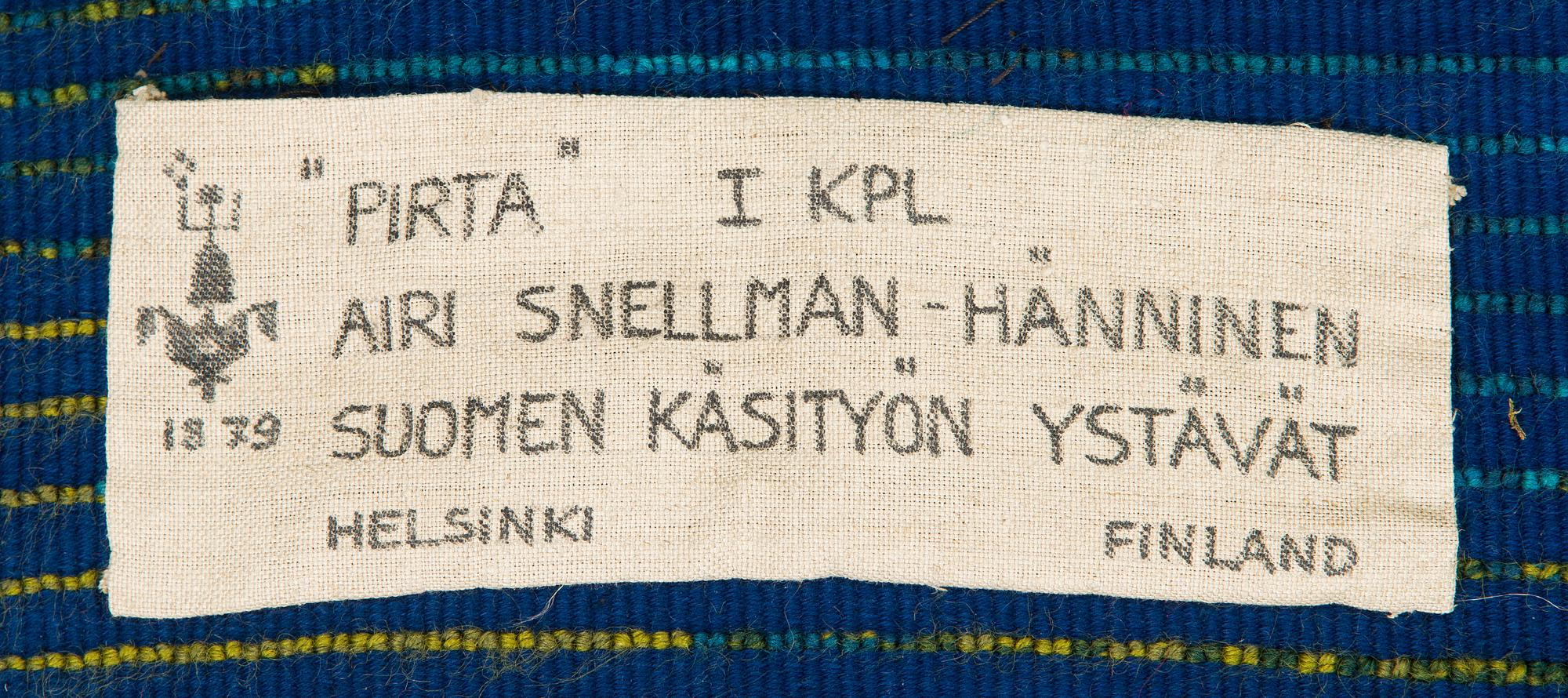 Airi Snellman-Hänninen, ryijy "Pirta" Suomen Käsityön Ystävät. Noin 160 x 120 cm.