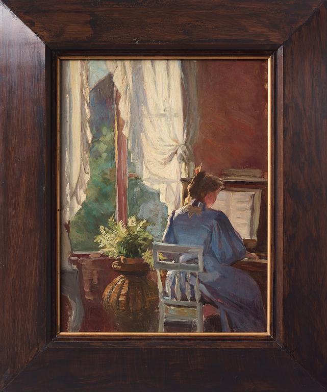 Emma Sparre, Sunlit interior with woman playing the piano.