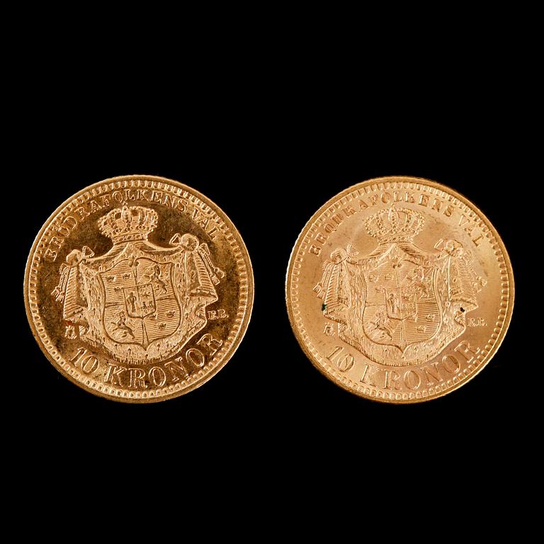 GULDMYNT, 2 st, 10 kronor, Oscar II, 1901.  Vikt ca 9 gram.