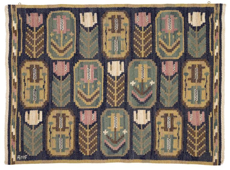 Märta Måås-Fjetterström, a flat weave textile, 'Medaljongerna', c. 83 x 61 cm, signed AB MMF.