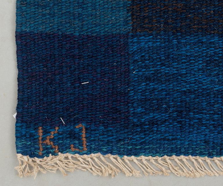RUG. Flat weave. 200 x 199,5 cm. Signed KJ KH (Karin Jönsson, Klockargårdens Hemslöjd). Sweden 1960s.