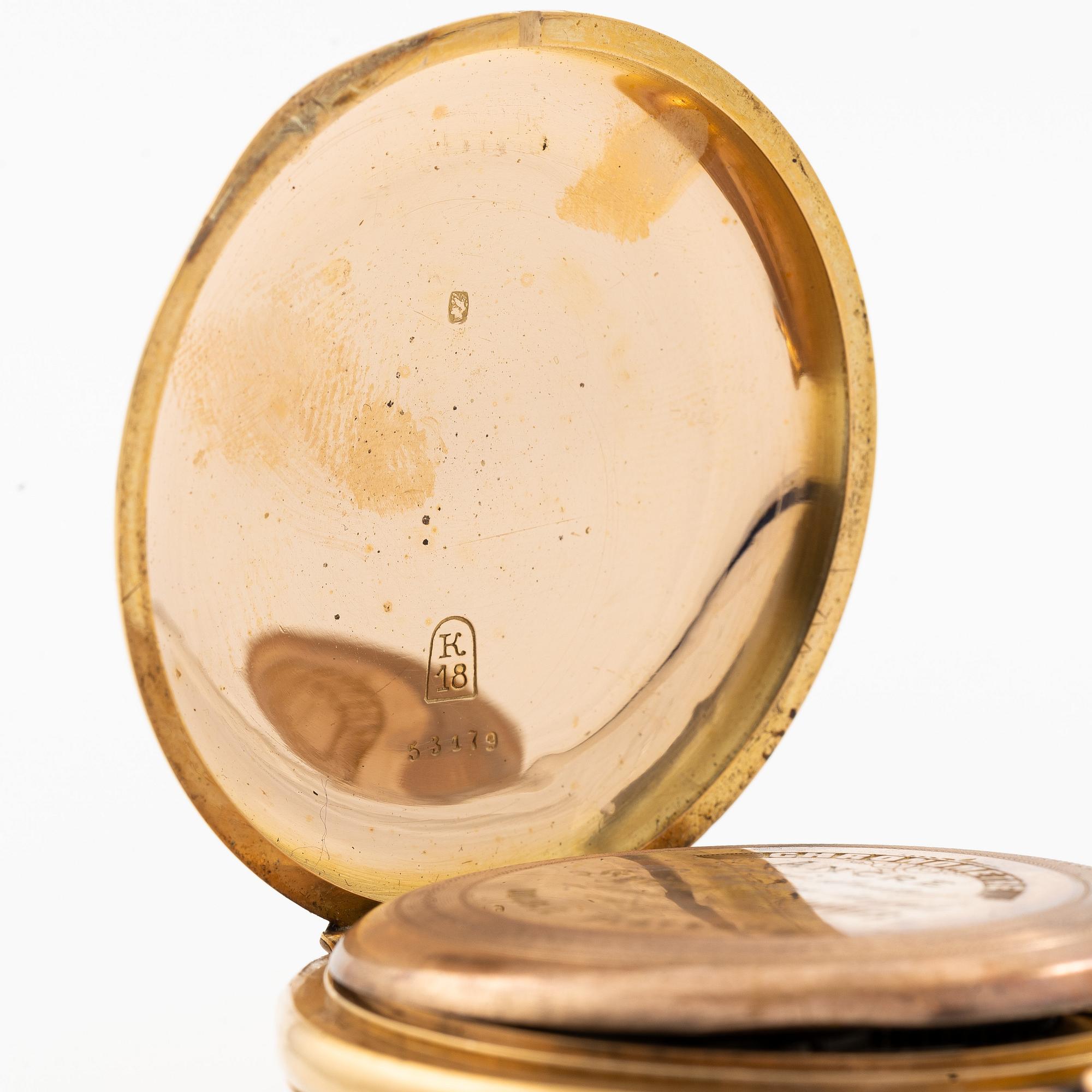 Pocket watch, hunter, 18K gold, 53 mm.