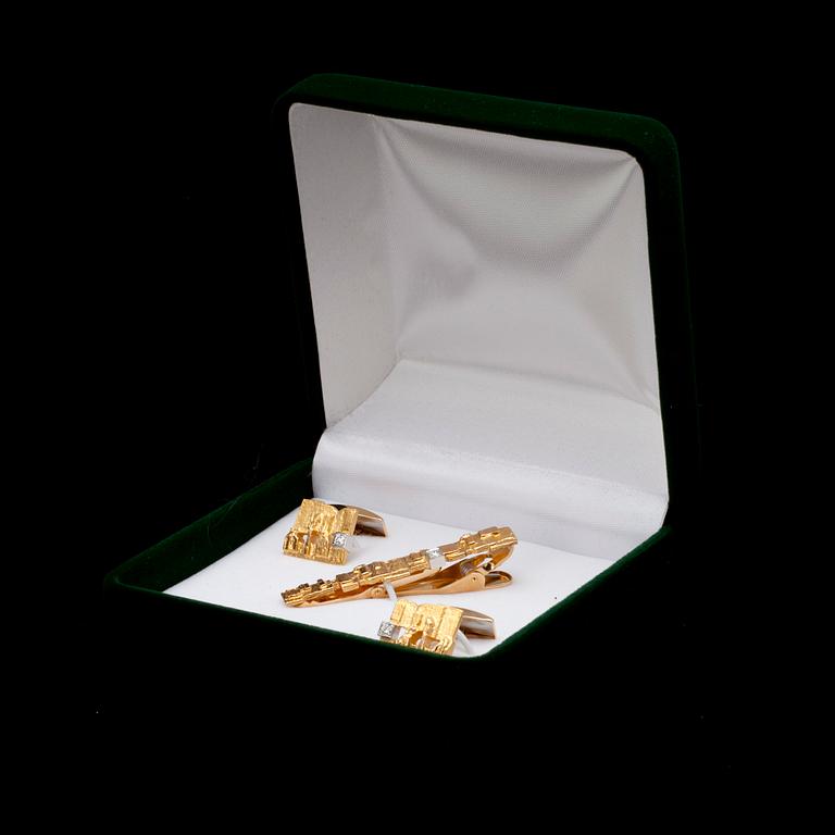 SLIPSNÅL och MANCHETTKNAPPAR, guld 14K, små diamanter, "Crust of Ice" Björn Weckström Lapponia. Vikt 16,6.
