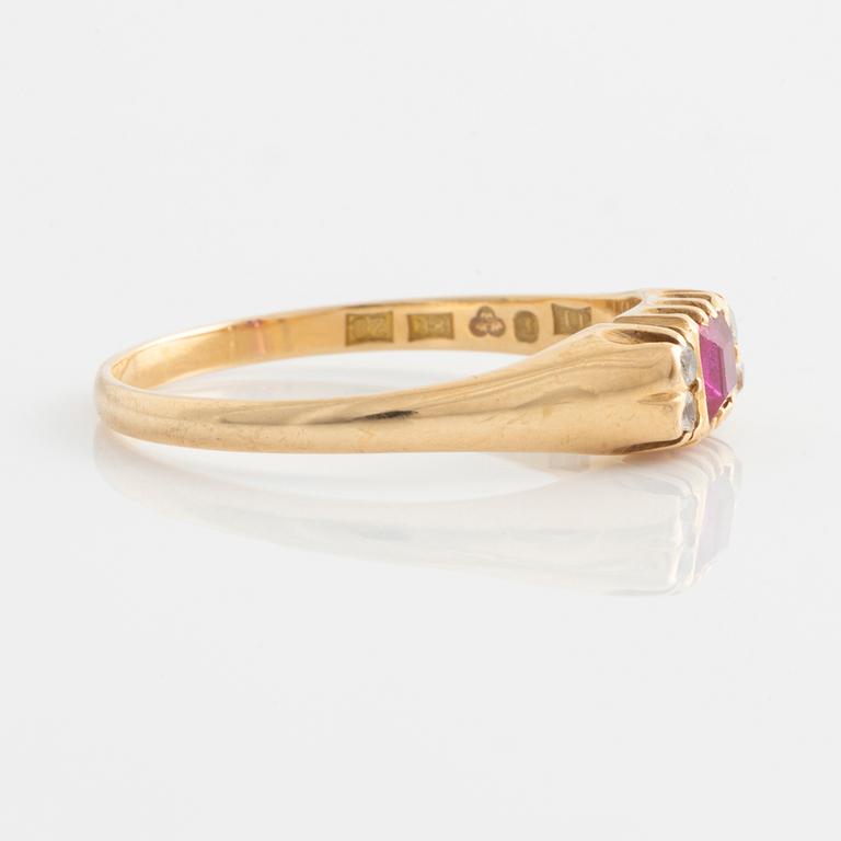 Ring, gold with synthetic pink stone and small white stones.