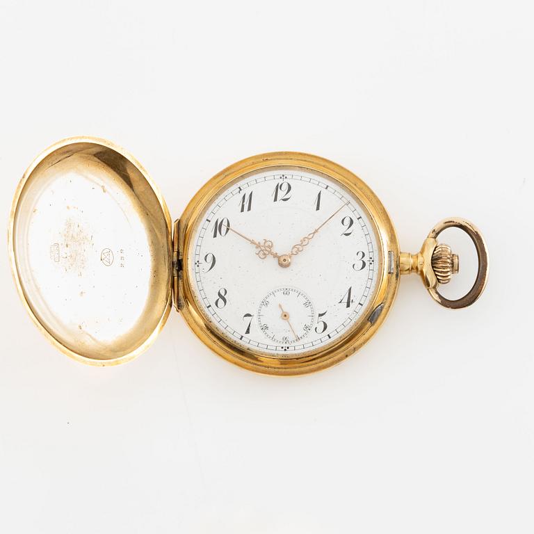Pocket watch, hunter, 18K gold with chain, 51 mm.