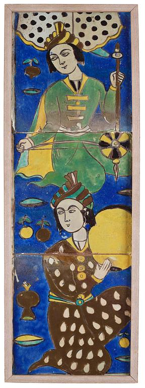Three 'cuerda seca' pottery tiles, Persia (Iran), the Qajar dynasty (1789–1925).