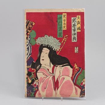 TRÄSNITT, 4 st, b la troligen Kunisada III, Japan, 1800/1900-tal.