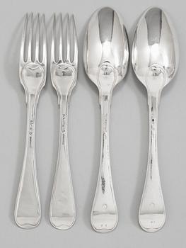 Six Swedish 18th century silver dinner forks and six dinner spoons, of P. Zethelius and J. W. Zimmerman, Stockholm 1795.