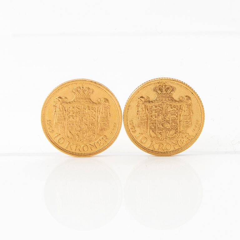 Gold coins 2 pcs 10 kr Frederik VIII, Denmark 1909.