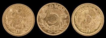 GULDMYNT, 3 st, 5 kronor, Sverige, 1899, 1901, 1920, 6,7 gram.