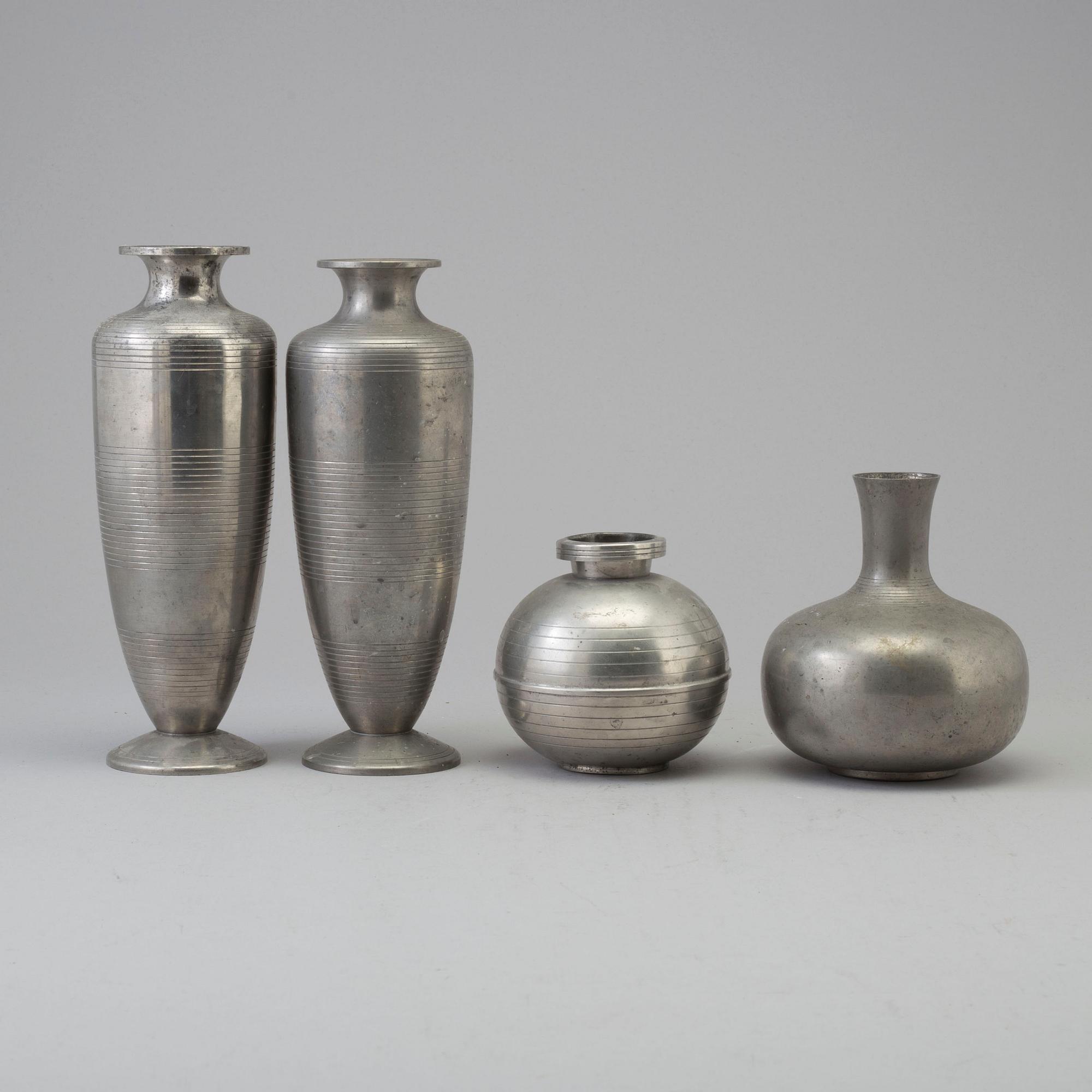 Four 1930s pewter vases, probably Sylvia Stave, two from CG Hallberg.