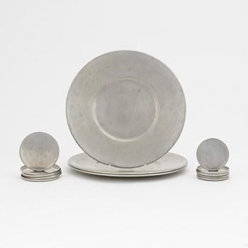 A group of 10 pewter coasters and 3 dishes, Firma Svenskt Tenn, 1948 and 1946.