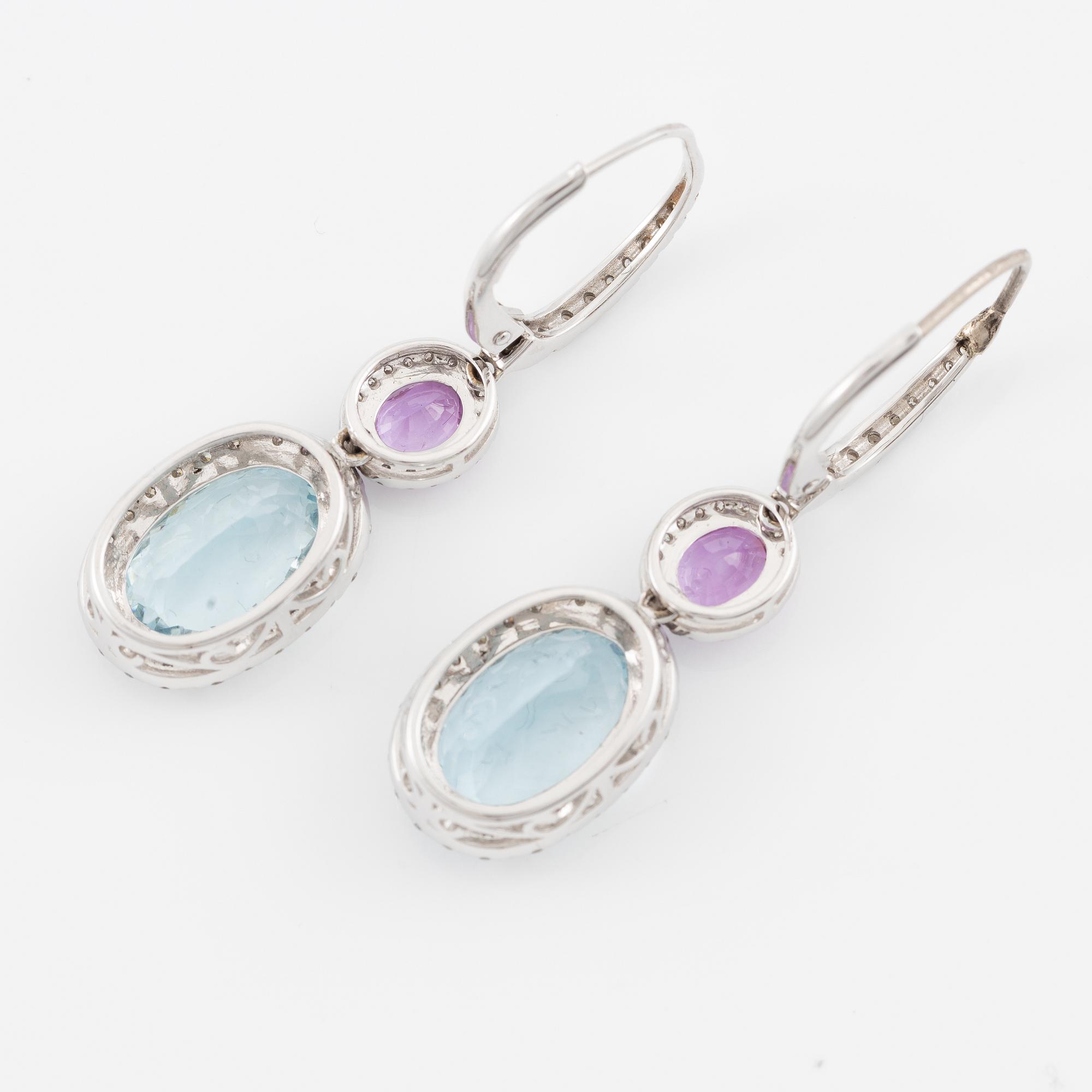 Aquamarine, pink sapphire and brilliant-cut diamond earrings.