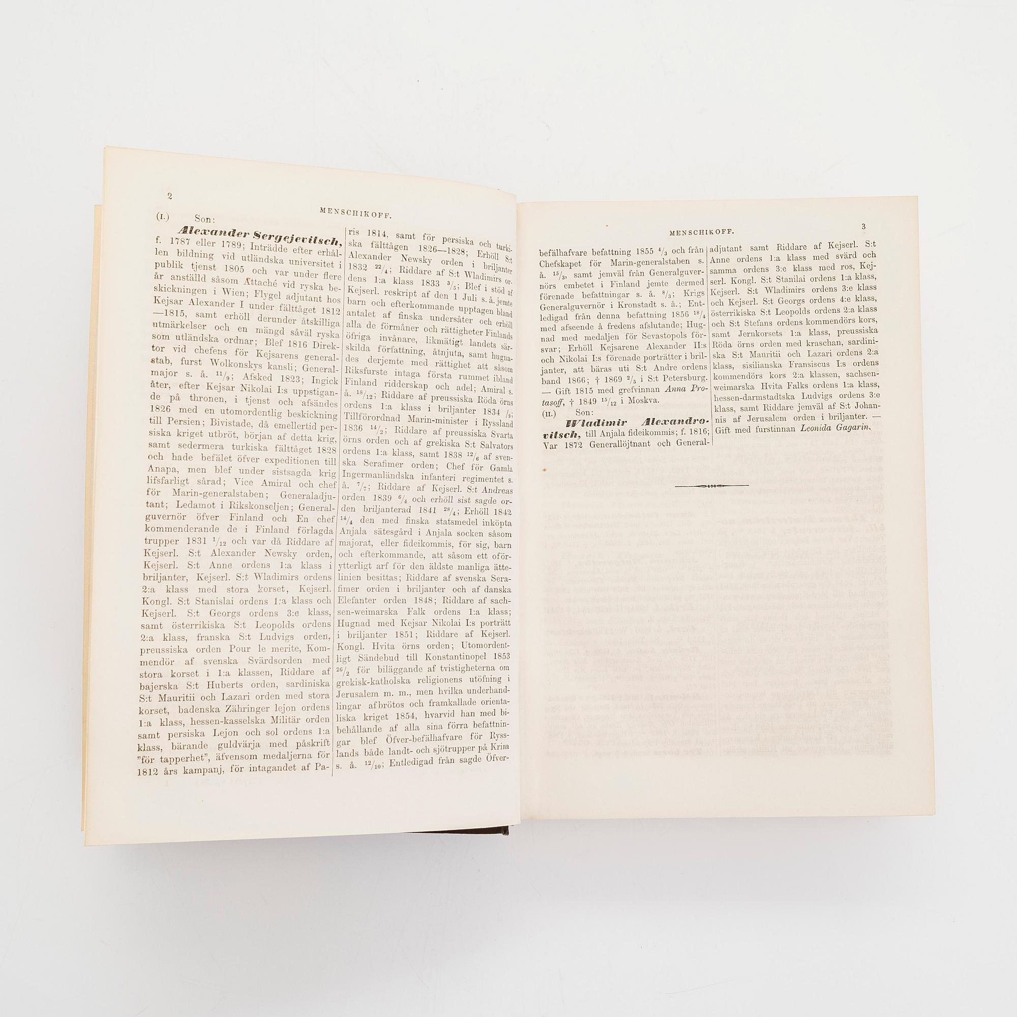 Bokverk, "Ättar-taflor", volym I-II, A-Ö,   Oskar Wasastjerna, Borgå 1879-1880.