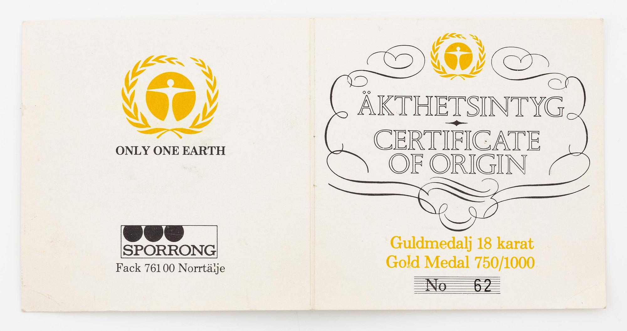 Kauko Räsänen, commemorative medal, 18K gold, Sporrong, 1972, numbered 062/300, total weight 447 g.